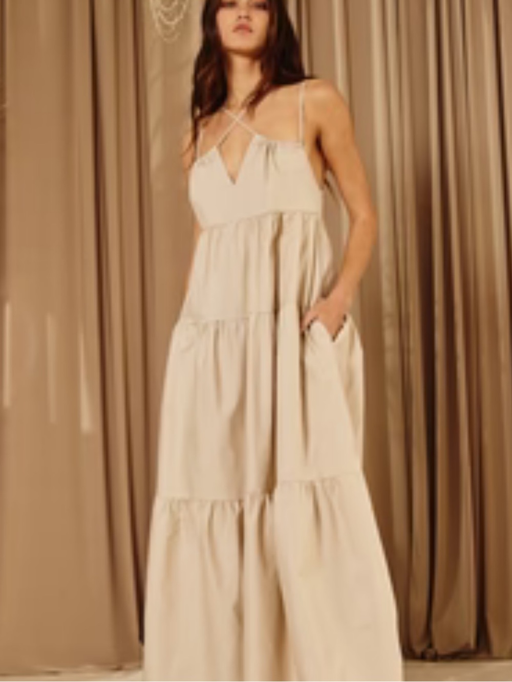 BucketList Tan Tiered Strappy Maxi Dress With Pockets Size Small Boho